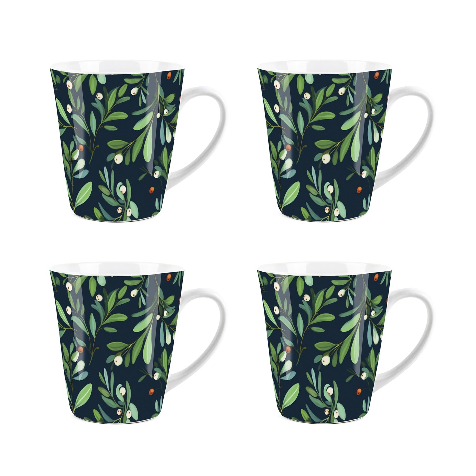 Mistletoe Latte Mugs - Festive Botanical Christmas Mug - Ceramic Gift Set of 4