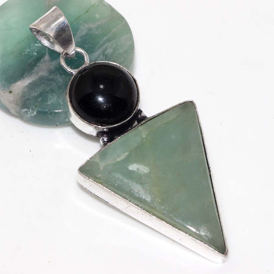 Aquamarine Black Onyx 925 Silver Plated Long Pendant 2.3