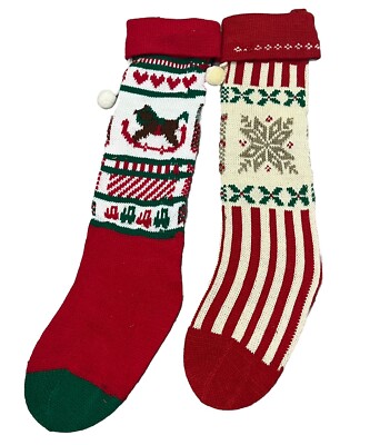 Vintage Knit Christmas Stocking Pair Red Green Pom Snowflake Rustic Cottagecore