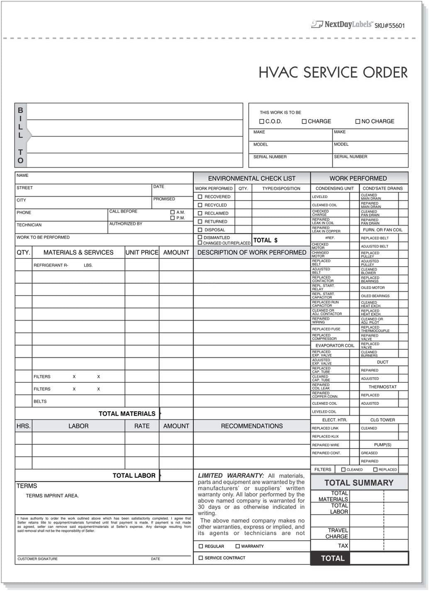 HVAC Service Order Invoice & Repair Detail Form, 3 Part