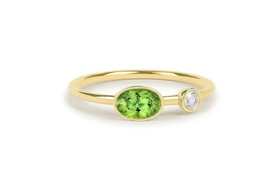 1ct Natural Peridot & Diamond Two Stone Minimalist Ring 14k SOLID Yellow Gold