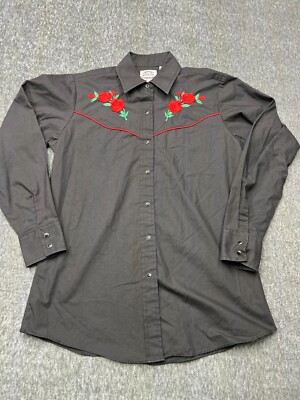 Ely Country Charmers Rose Embroidered Pearl Snap Long Sleeve Black Rockabilly S