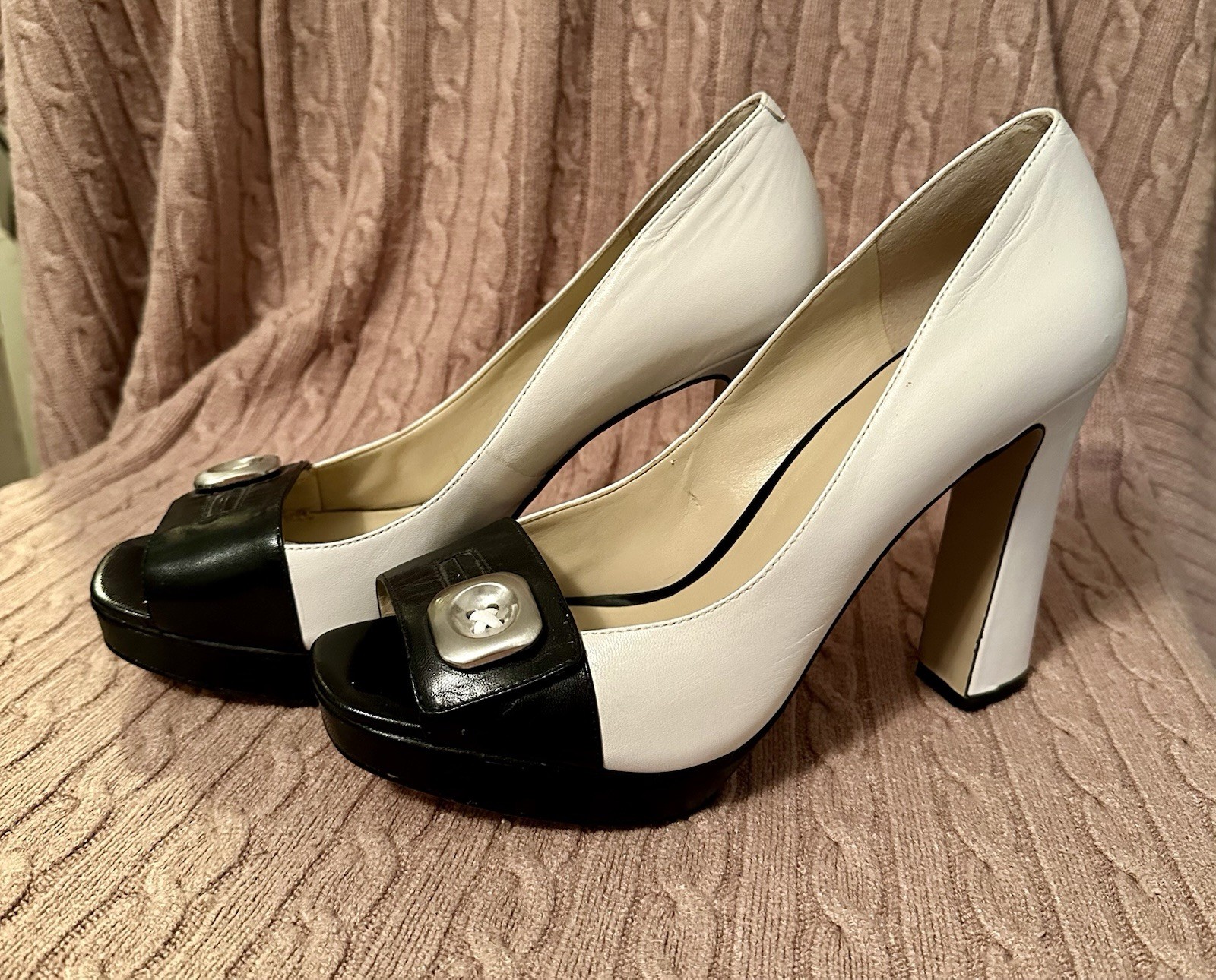 Nine West Black & White Platform Button Block Heel Slip On Leather Heels 8M