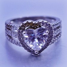 Size 5, vintage Sterling 925 silver handmade heart ring with cluster Cz