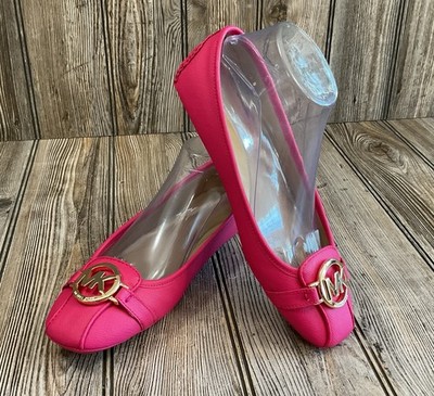 Michael Kors Womens Pink Leather Signature Gold Logo Ballet Flats