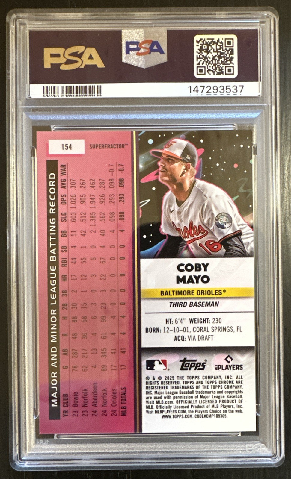 2025 Topps Cosmic Chrome Coby Mayo RC SUPERFRACTOR 1/1 PSA 10 GEM Orioles #154🔥 view 2