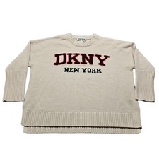 DKNY Jeans Sweater Mens Large Beige Knit Graphic Logo Oversized High Low Slit