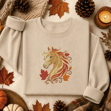 Horse Sweatshirt Embroidered Unisex Cozy Season Fall Autumn Leaves Farm Animal