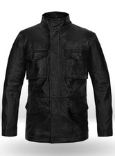 Military M-65 Leather Jacket Rich Black Men's Trendy Coat Button Closer Lambskin