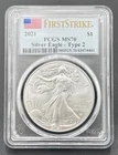 2021 Silver Eagle Type 2 $1 1ozt .999 Silver PCGS MS 70, First Strike Flag Label