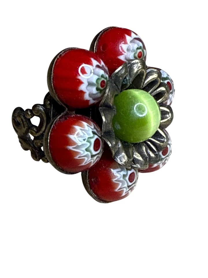 Anillo Flor Cuentas Ollipop Millefiori Verde Rojo Latón Ajustable Talla 8 Declaración Foto 2 de 4