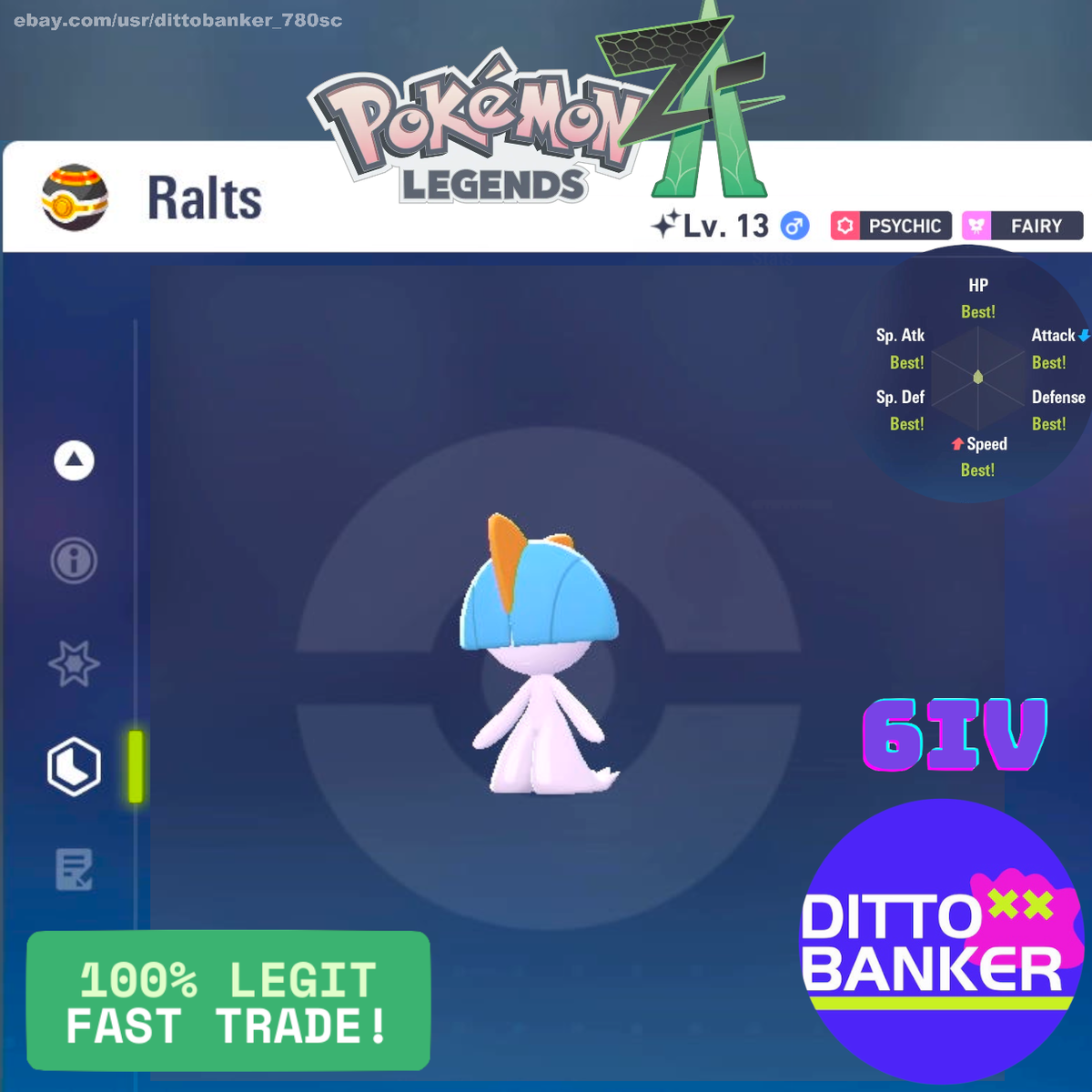 Pokemon Legends ZA✨SHINY RALTS Lv13 6IV/Timid/Male FAST Tradę NEW