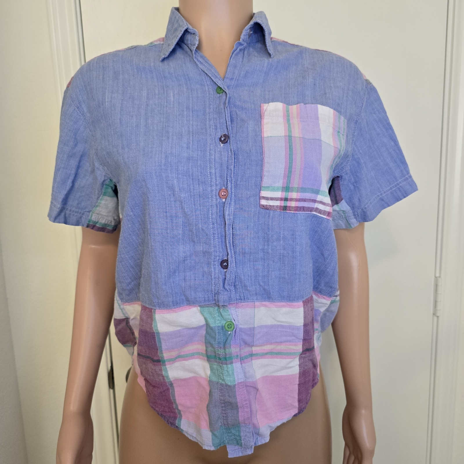VTG Chambeli Plaid Patchwork Chambray  Droptail R… - image 1