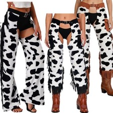 US Womens Western Cowboy Pants Tassel Chaps Cow-spot Pattern Vintage Trousers