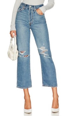 Levi's Ribcage Straight Ankle Ripped High Rise After Love Jeans 29x27 Blue Crop