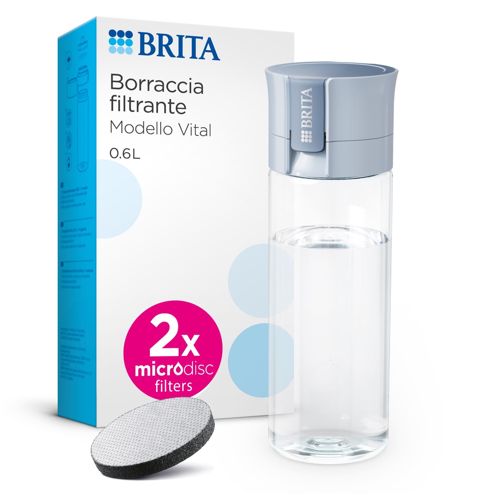 BRITA Borraccia Sport Vital Azzurra 600ml + 2 MicroDisc Filtrazione