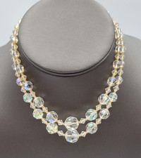 Vintage 1950s Aurora Borealis Crystal Double Strand Necklace Choker AB Graduated