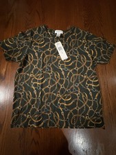 Vintage Jones New York Hunter Green Shirt Horse Bridle Chain Print Small NWT
