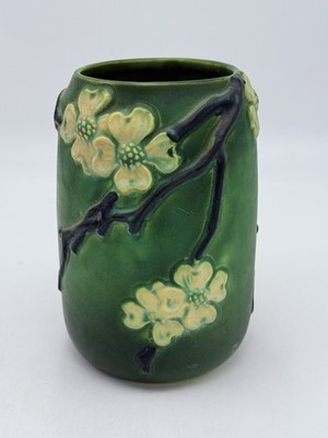 Roseville Dogwood Vase – 8” Antique Green Floral Pottery Arts