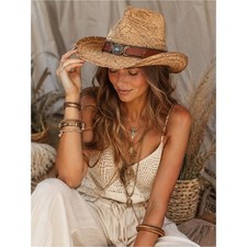 Andorra Woven Straw Cowboy Hat Western Turquoise Concho Boho Wide Brim