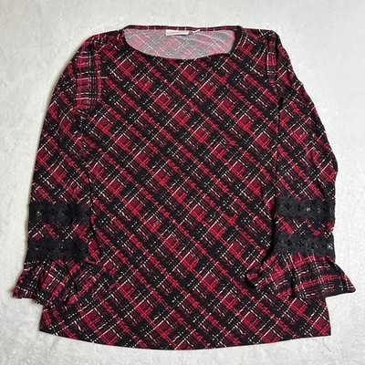 Susan Graver Blouse M Red Black Liquid Knit Flare Sleeve Lace Detail Stretch