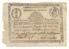 ITALIAN STATES (REPUBBLICA ROMANA) banknote 1 1/2 Paoli 1798 VF Very Fine