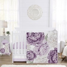4-Piece Baby Crib Bedding Set Purple Lavendar Boho Floral Girls Infants/Nursery