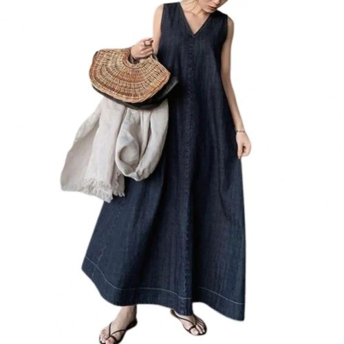 Baumwolle Damen Maxikleid locker ärmellos Trägerkleid weich A-Linie knöchellang L - Bild 15 von 24