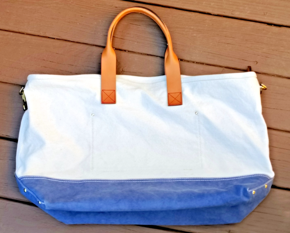 J Crew Blue Canvas & Leather Weekender Large Zippered Tote Bag