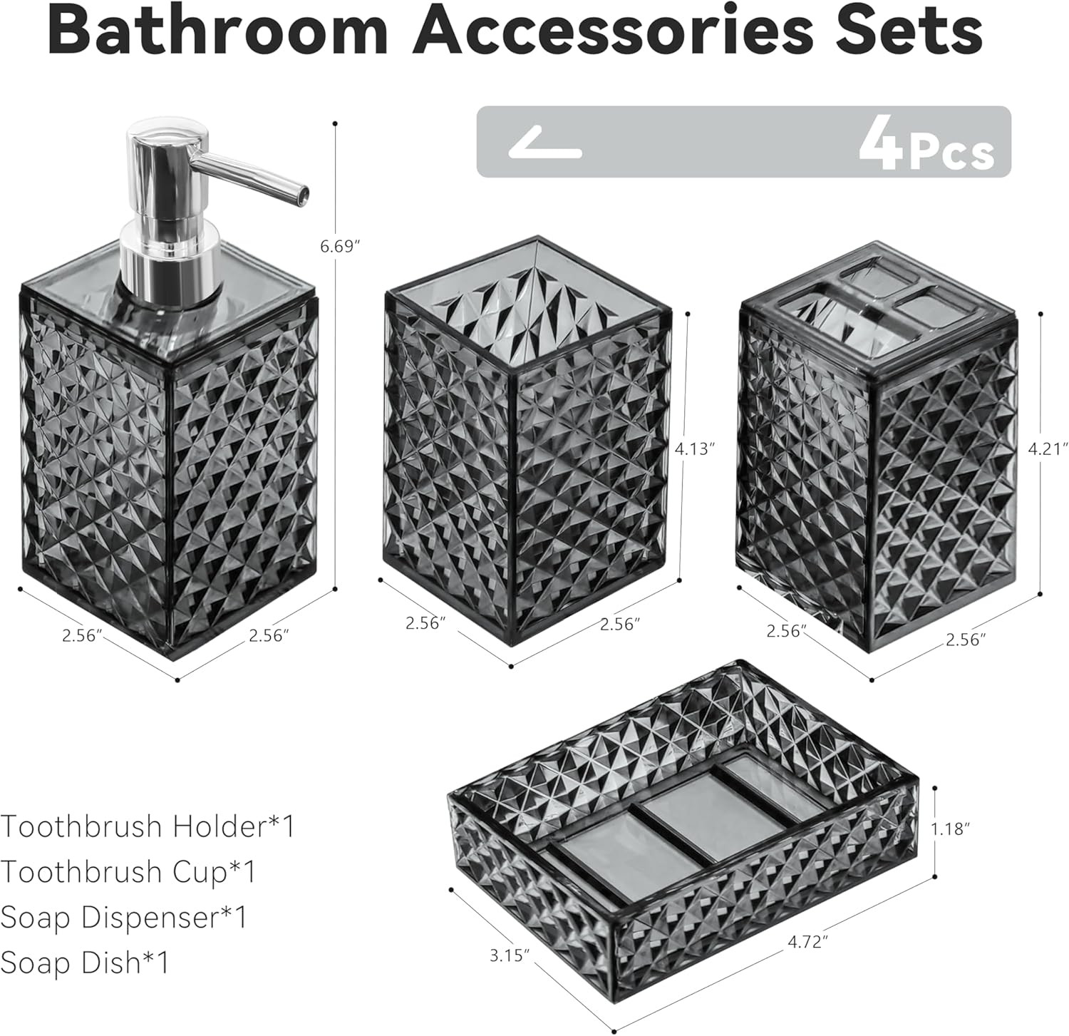Bathroom Accessory Set, 4 PCS Grey Bathroom Accessories Set, Soap Dispenser and