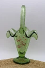Fenton Hand Painted Floral Green Basket Signed P. Lauderman & Scott Fenton 9 3/4
