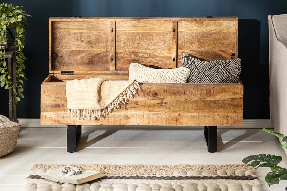 Industrial Truhenbank FACTORY LOFT 115cm braun Mango Massivholz Sitzbank - Bild 3 von 4