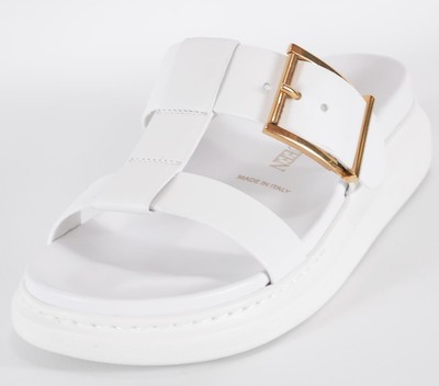 New Alexander McQueen Women's White Hybrid Leather Grommet Slides Shoes 40.5