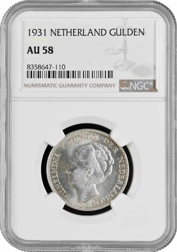 Netherlands 1 gulden 1931, NGC AU58, "Queen Wilhelmina (1890 - 1948)" silver