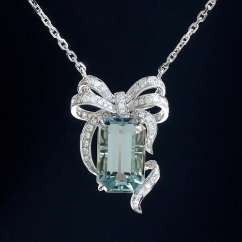 Cadena collar colgante diamante natural aguamarina moño cinta oro blanco 14K