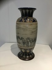 Large Doulton Lambeth Stoneware Vase, with Horses by HANNAH. B. BARLOW 1881