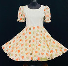 Vintage white puffed sleeve dress, orange patchwork novelty print L XL plus