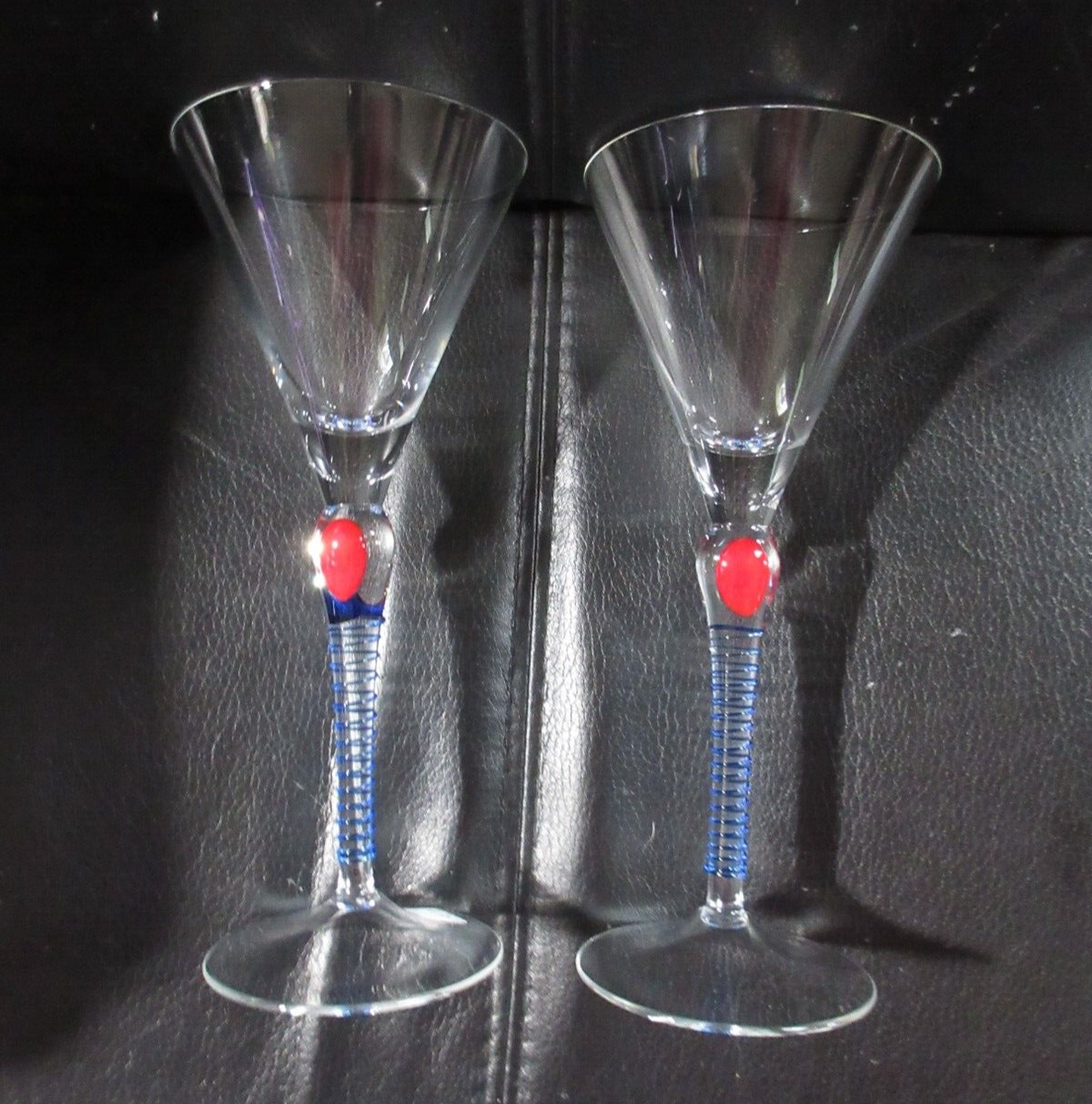 2 VTG Wine Glasses Blue Stripe Red Dot Stem Clear Bowl 9" Hand Blown Kosta  Boda? | eBay