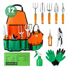 Ukoke 12 Piece Aluminum Garden Tool Kit & Gardening Apron with Storage Pocket