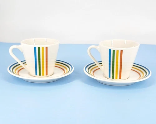 2 1960s Syracuse China Syralite Spectrum 4 Rainbow Color Stripe Cups & Saucers