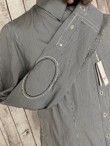 "Camisa informal ajustada Milano Italia para hombre parches en el codo a rayas negra blanca 44"" 46" - Imagen 19 de 24