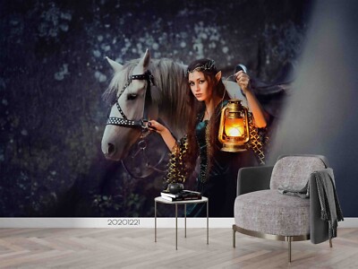 3D Woman White Horse Oil Lamp Wallpaper Wall Murals Removable Wallpaper