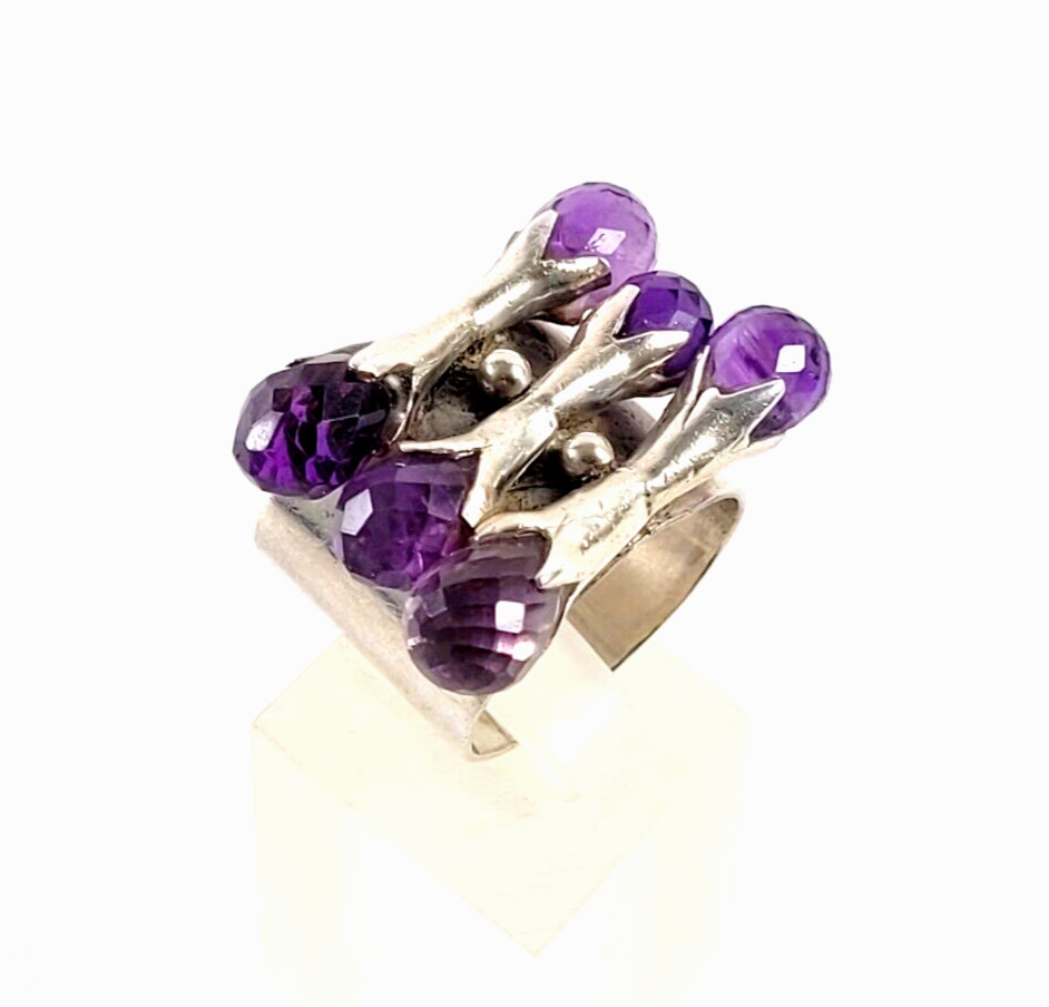 Multi Briolette Amethyst Silver Ring US Size 8.5 - image 1