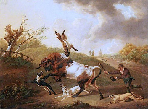Pintura al óleo cazador perro vaca paisaje Bull-Terriers-Cebo-a-Toro-Charles-Towne - Imagen 1 de 1