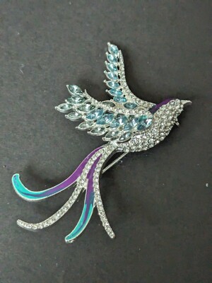 Vintage Anne Klein Rhinestones Enameled Paradise Bird Brooch Silver tone 