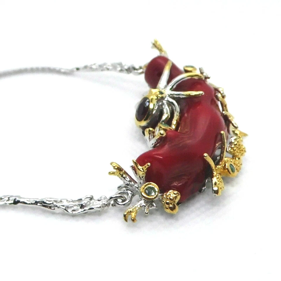 Koralle Saphir Rubin Smaragd Collier 925 Silber 585 Bicolor vergoldet 49 cm - Bild 4 von 4