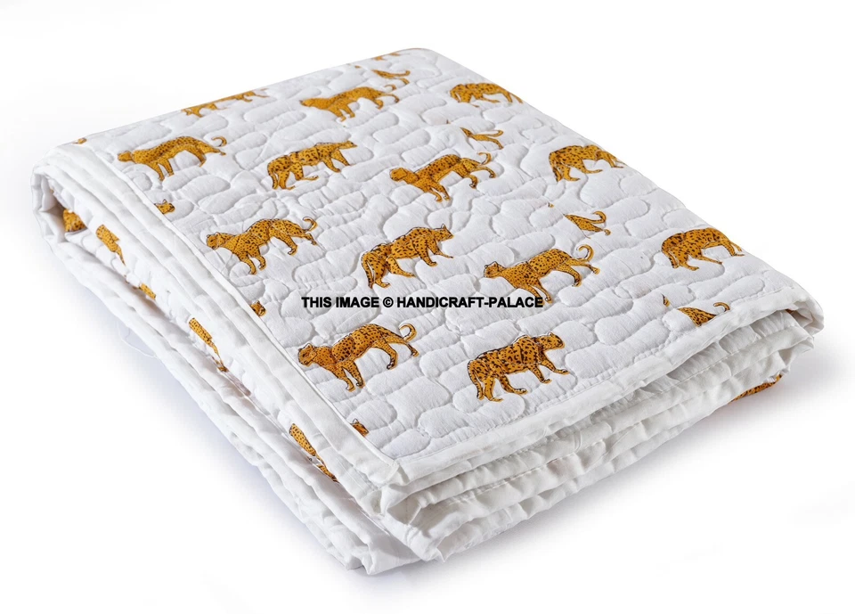 Leopard Kantha Quilt Throw Handmade Cotton Indian Bed Sofa Blanket Peach 70" - Image 4 of 4