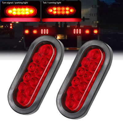 2 Red 6'' Oval Trailer Lights 10 LED Stop Turn Tail Truck Sealed Grommet Plug