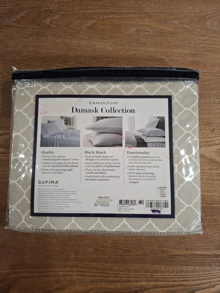 Juego de sábanas Charter Club Damask Stripe 550 Supima Twin 3 piezas nuevo geo invertido Foto 4 de 4