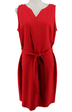 Talbots Midi Dress Womens 14 Red Sleeveless Sheath Ponte Belted V Neck Career
